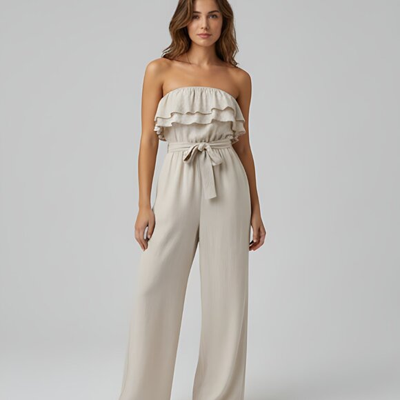 Ruffled Strapless Belted Jumpsuit Beige - Picture 5 of 6